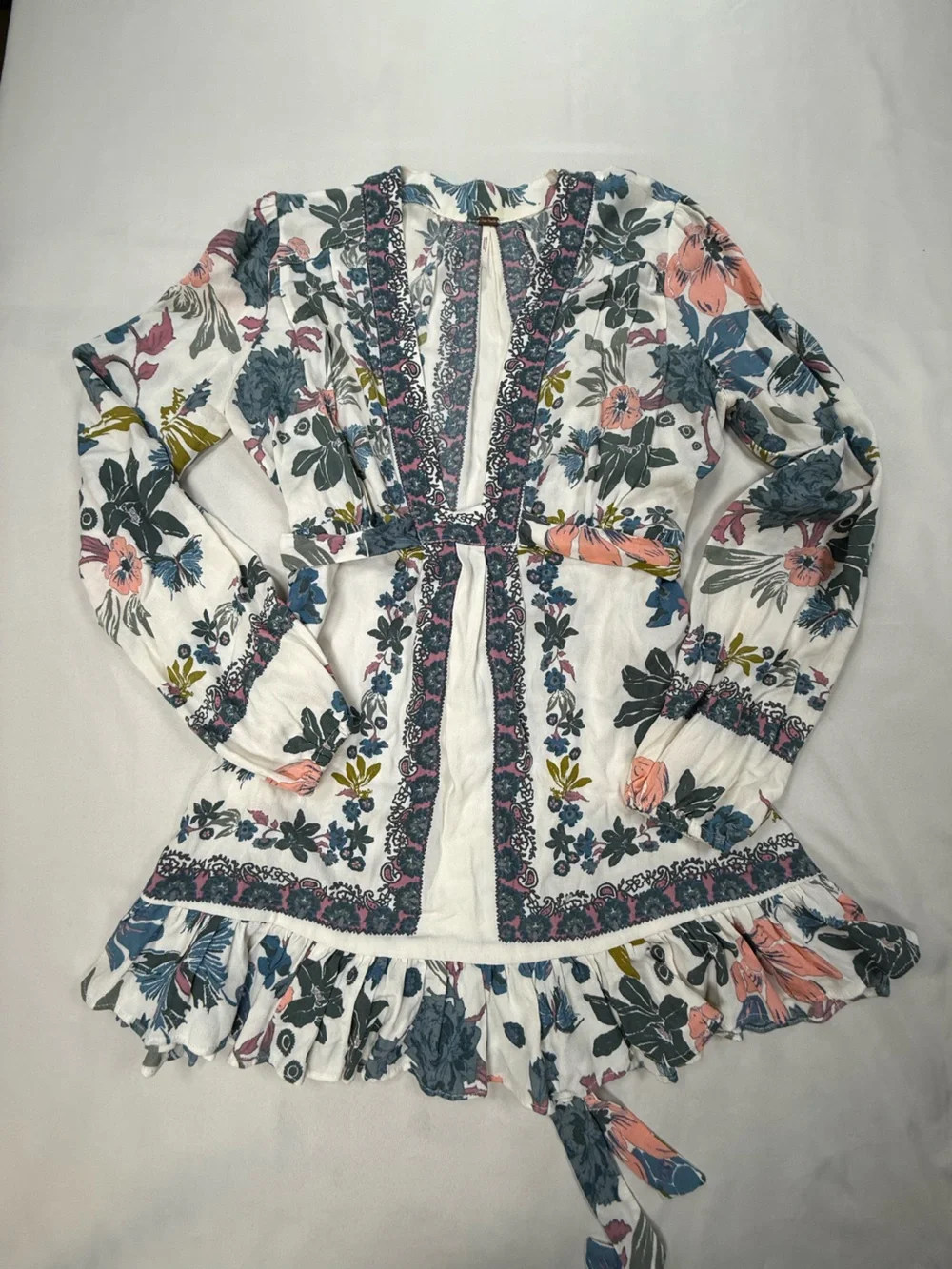 Free People White Floral Mini Dress with Pink and Blue Accents - Picture 2 of 10
